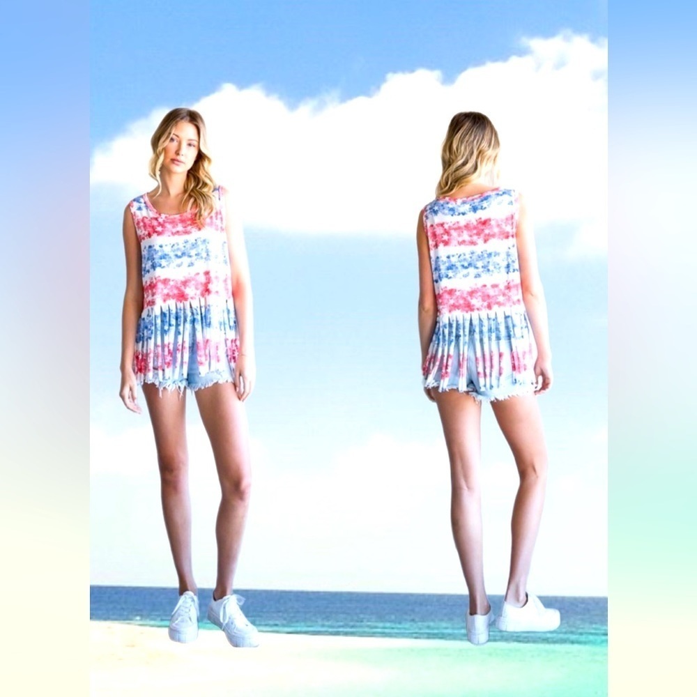 A Girl Thing Hopely Red, White white and Blue top.  Sleeveless fringe on bottom